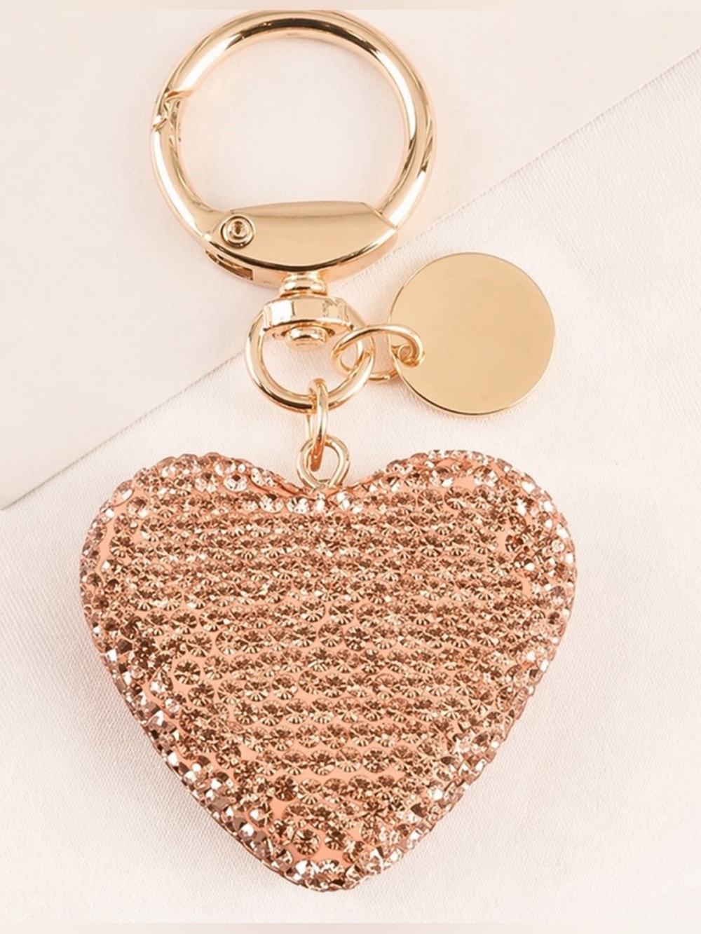 Champagne Rhinestone Heart Keychain Bag Charm Sparkly Gold Tone Luxe
